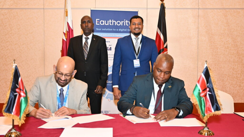 The KCAA agreement was signed by DG Emile N. Arao (R) and Bijoy Mechery President and CEO Seabury Solution (L) during the ICAO Facilitation Conference in Doha, and witnessed by PS Mohamed Daghar and Kenya’s Ambassador to Qatar, Amb. Boniface Muhatia Nur.